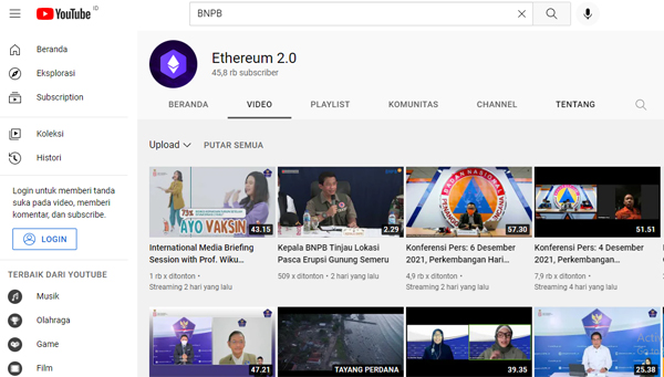 Hasil tangkap layar chanel akun youtube BNPB yang diretas, Kamis Kamis (9/12/2021) pagi  