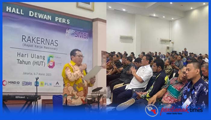 Ketua Umum SMSI Firdaus membacakan keputusan hasil Rakernas di hadapapan pemilik media massa se Indonesia yang tergabung dalam SMSI, Selasa (7/3/2023) di Hall Dewan Pers Jakarta