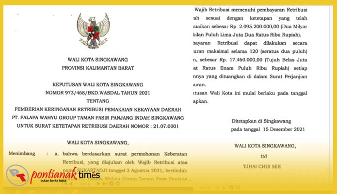 SK Walikota Singkawang tentang pemberian keringanan retribusi HGB diatas HPL untuk PT PWG