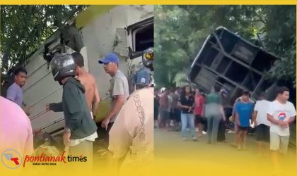 Foto kolase beberapa saat setelah Bus Damri terguling di tikungan Penyeladi Kabupaten Sanggau.