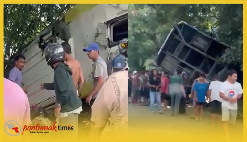 Foto kolase beberapa saat setelah Bus Damri terguling di tikungan Penyeladi Kabupaten Sanggau.
