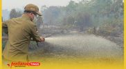 Bupati Sambas H. Satono turut memantau dan memadamkan kebakaran hutan dan lahan (Karhutla) di Desa Tri Mandayan, Kecamatan Teluk Keramat.